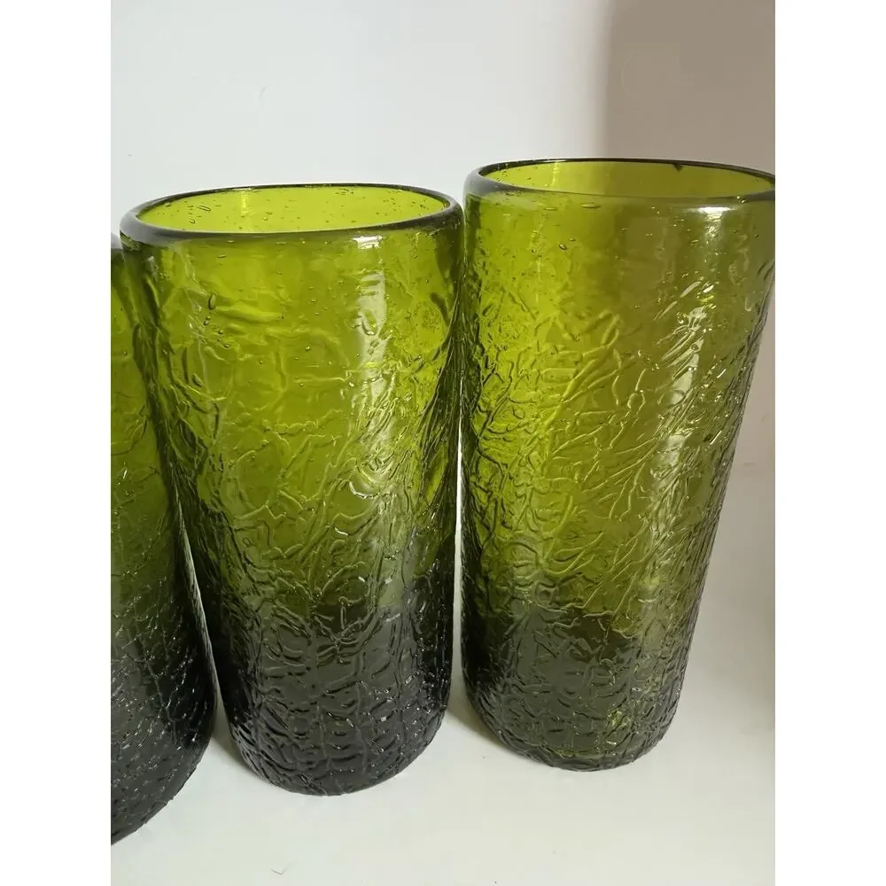 Vintage Pilgrim Green Heavily Crackled Drink Glasses Hand Blown Heavy Set Of 4